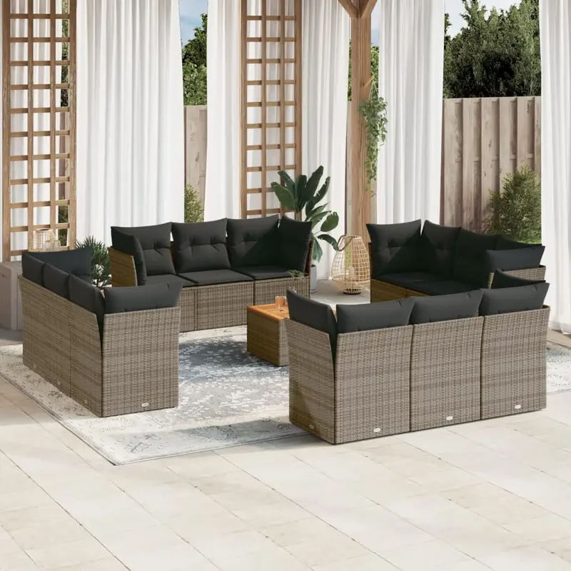 Set sofás de jardín con cojines 13 piezas ratán sintético gris