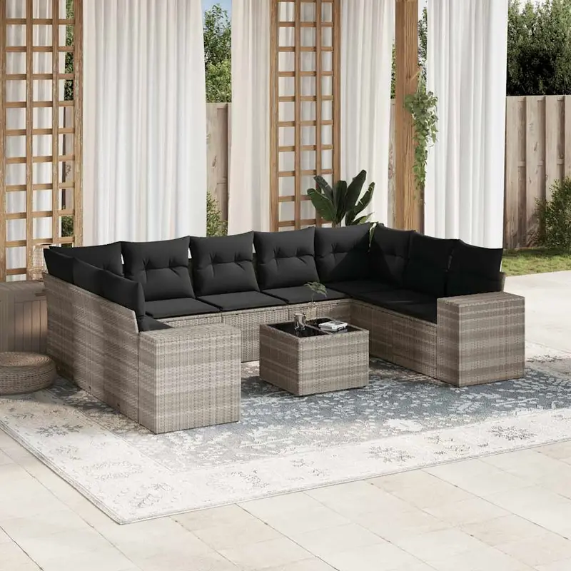 Set sofás jardín 10 pzas con cojines ratán sintético gris claro