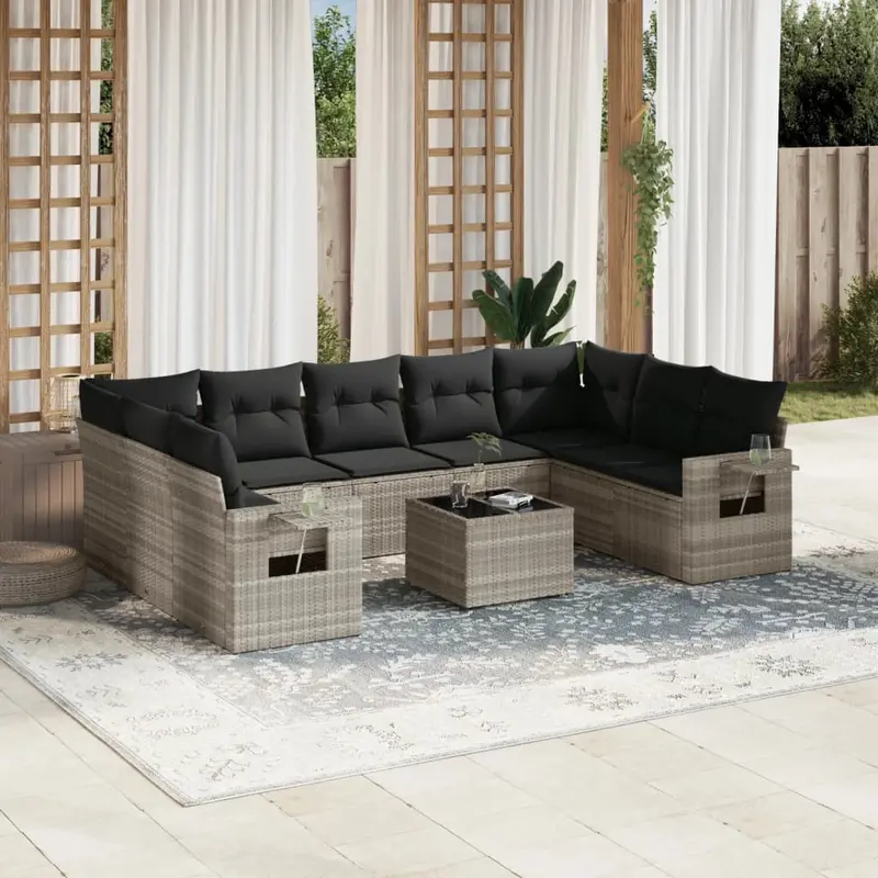 Set sofás jardín 10 pzas con cojines ratán sintético gris claro