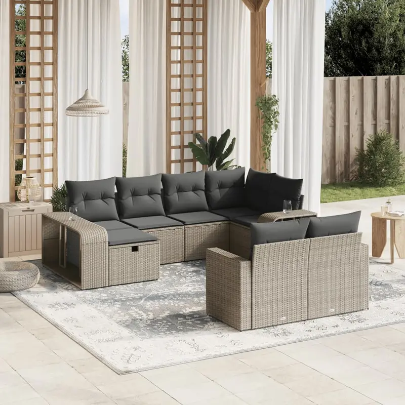 Set sofás jardín 10 pzas con cojines ratán sintético gris claro