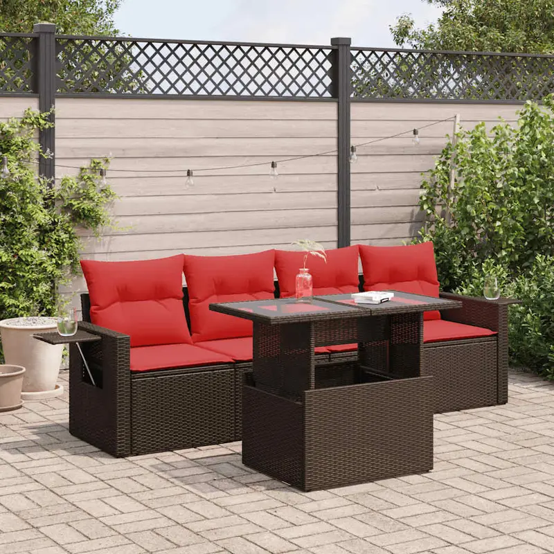 Set sofás jardín y cojines 5 pzas ratán sintético acacia marrón
