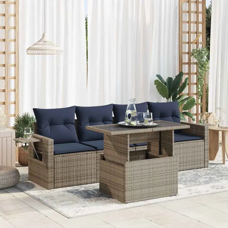 Set sofás jardín y cojines 5 pzas ratán sintético gris