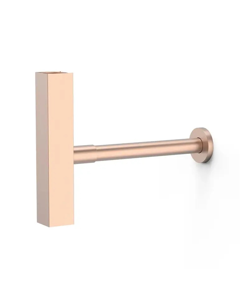 Sifón telescópico para lavabo con formato cuadrado y faldón acabado oro rosa mate Complementos Tres