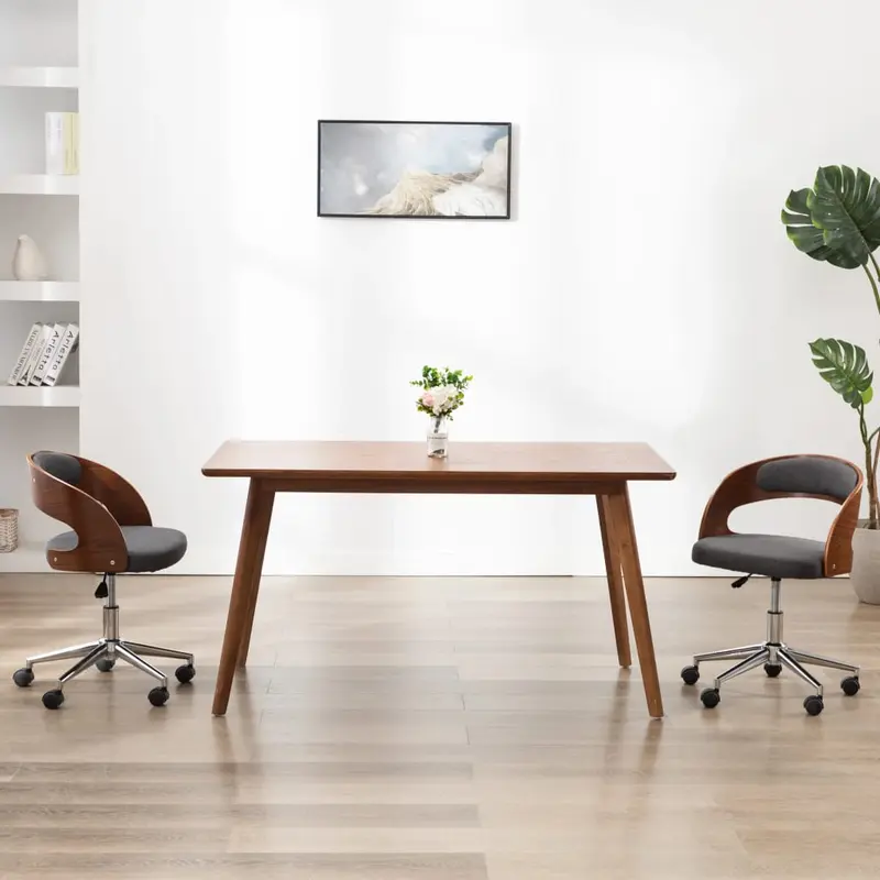 Silla de comedor giratoria de madera curvada y tela gris