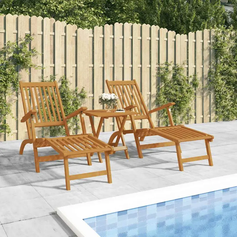 Silla de jardín con reposapiés y mesita madera maciza de acacia