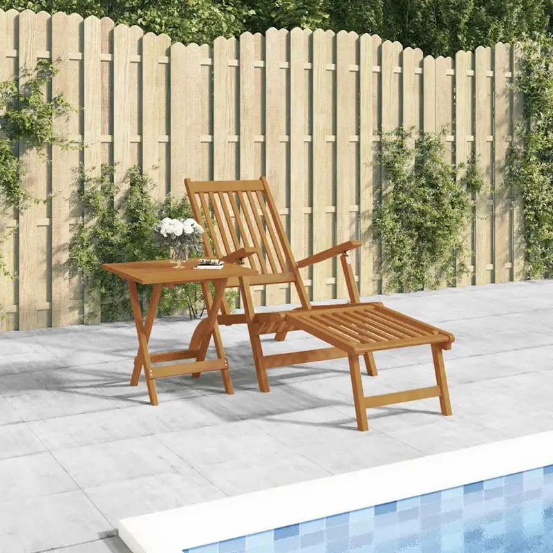 Silla de jardín con reposapiés y mesita madera maciza de acacia