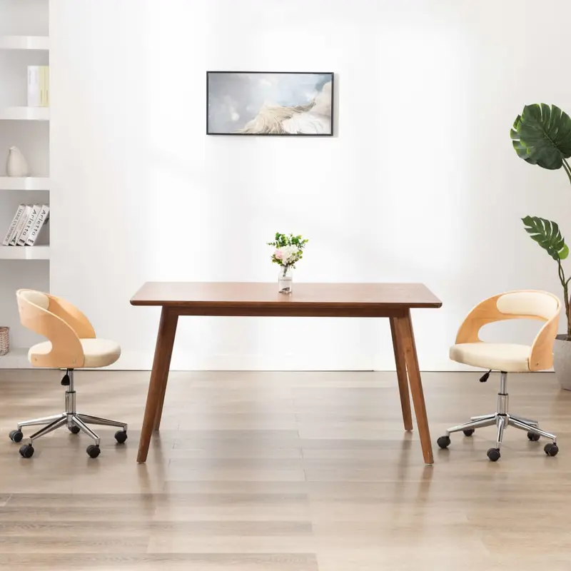 Silla de oficina giratoria madera curvada cuero sintético crema