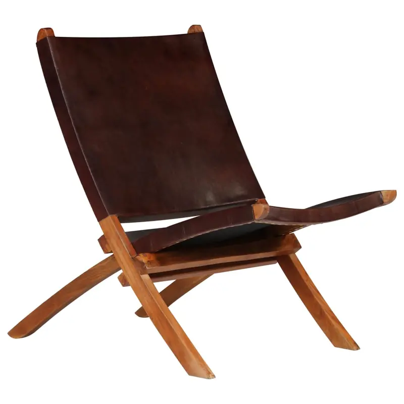 Silla de relax plegable de cuero auténtico marrón