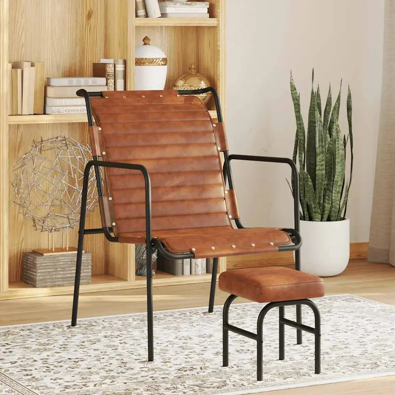 Silla de relax reposabrazos y reposapiés cuero auténtico marrón