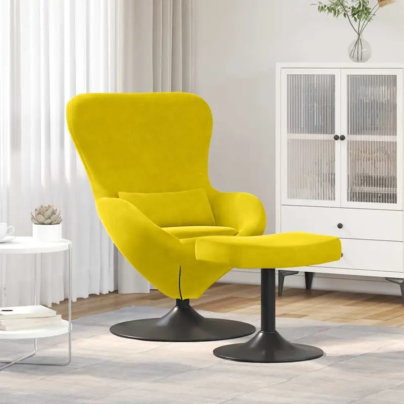Silla Huevo con Puff Amarillo Terciopelo