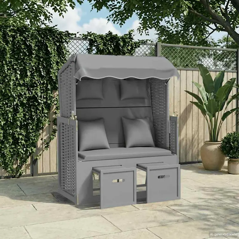 Silla playa Strandkorb con cojines ratán sintético madera gris