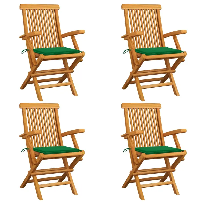 Sillas de jardín 4 uds madera maciza de teca con cojines verdes
