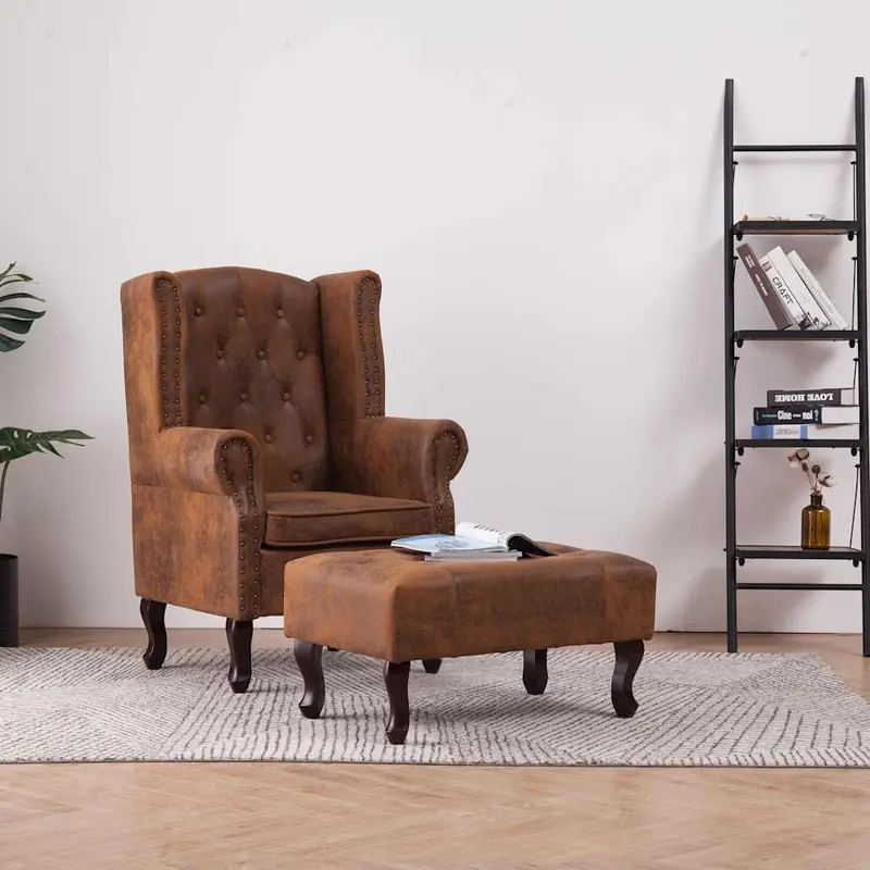Sillón Chesterfield y reposapiés cuero ante artificial marrón