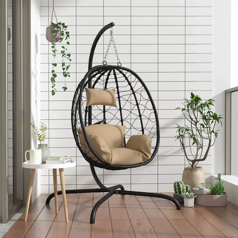 Sillón colgante con forma de huevo con cojín de ratán sintético y acero color topo