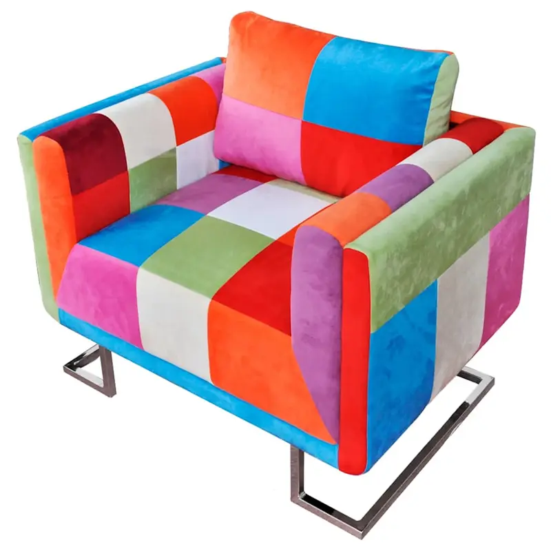 Sillón cubo con diseño de retales tela Patchwork patas cromadas