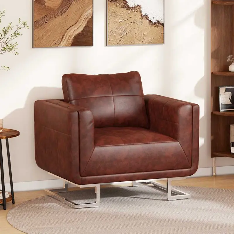 Sillón cubo con patas cromadas y cuero artificial marrón