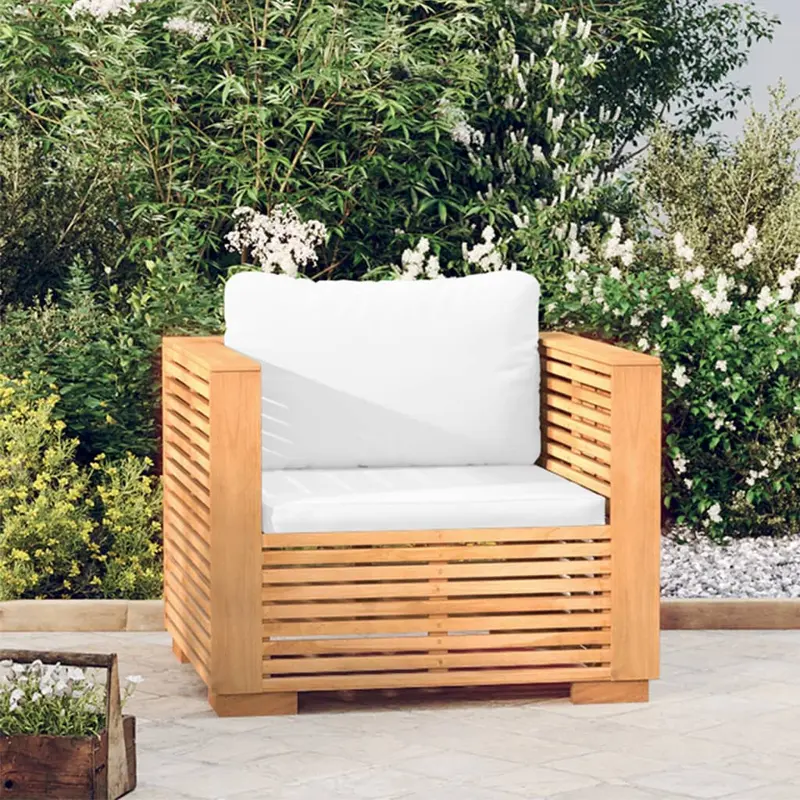 Sillón de jardín con cojines color crema madera maciza teca