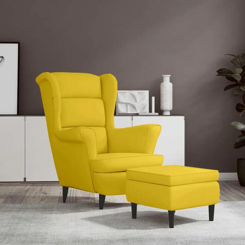 Sillón orejero con taburete terciopelo amarillo mostaza