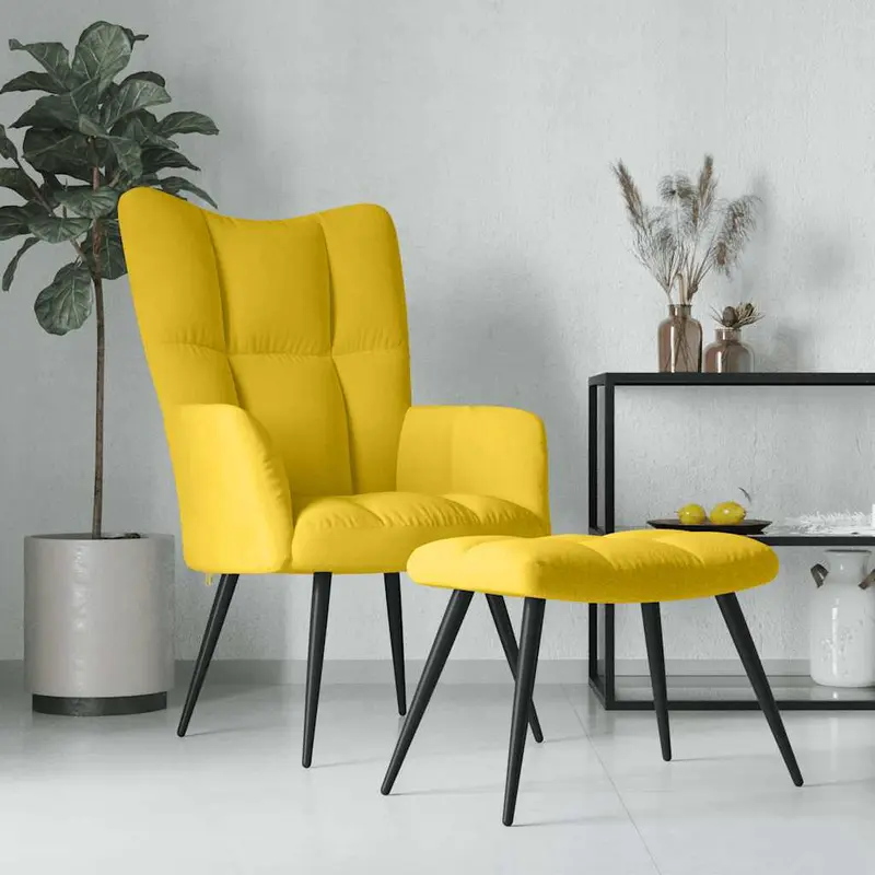 Sillón relajante con taburete de terciopelo amarillo mostaza