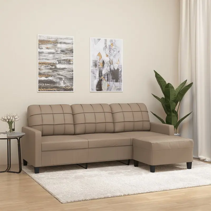 Sofá 3 plazas y taburete cuero sintético color capuchino 180 cm