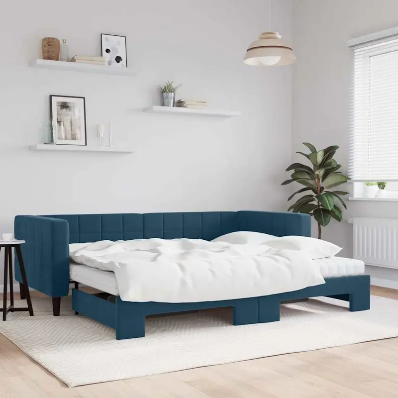 Sofá cama nido con colchón terciopelo azul 90x200 cm