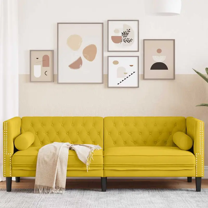 Sofá Chesterfield 3 plazas con cojines terciopelo amarillo