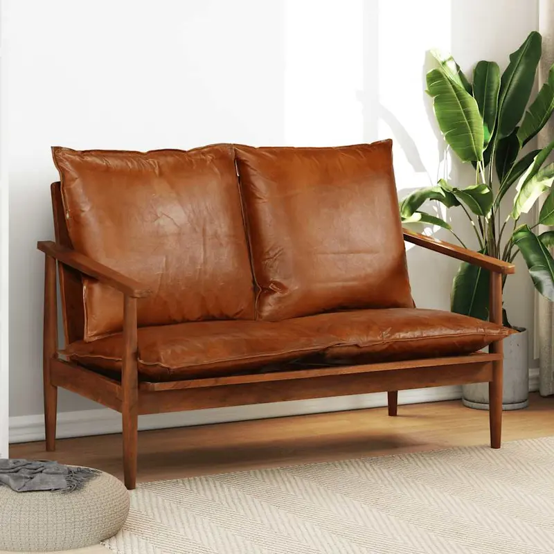 Sofá de 2 plazas cuero auténtico con madera de acacia marrón