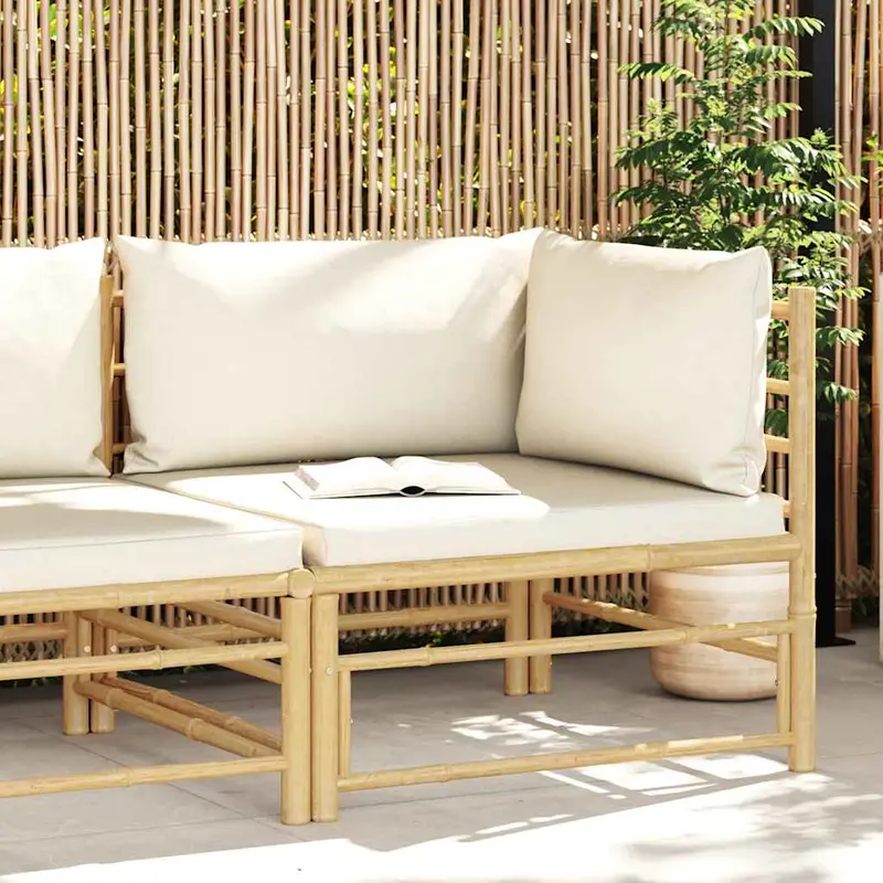 Sofá de esquina para jardín bambú con cojines blanco crema