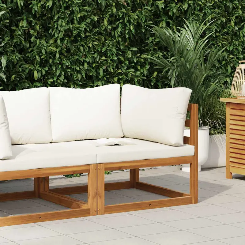 Sofá de esquina seccional y cojín blanco crema madera de acacia