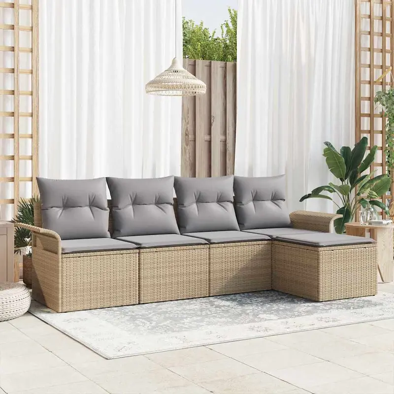 Sofá de exterior con cojín 5 pcs Beige ratán sintético