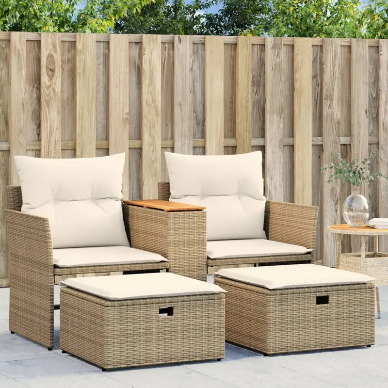 Sofá de jardín 2 plazas con toldo y taburetes ratán PE beige