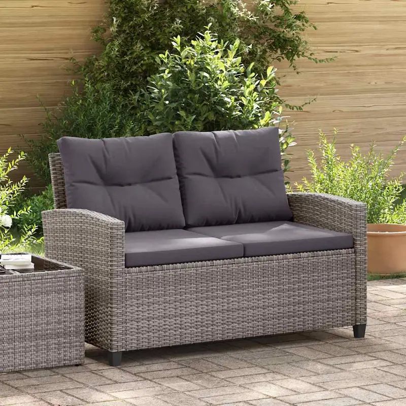 Sofá de jardín 2 plazas y cojines ratán sintético gris 124 cm