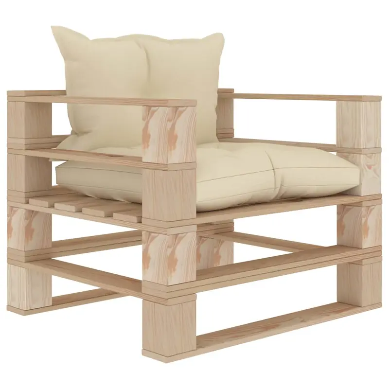 Sofá de jardín de palets madera con cojines crema