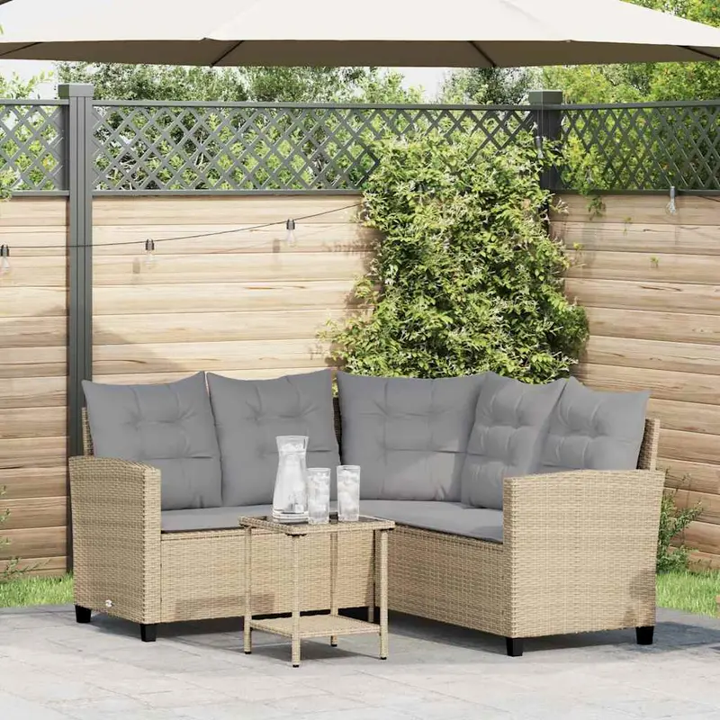 Sofá de jardín en forma de L con mesa y cojines ratán PE beige