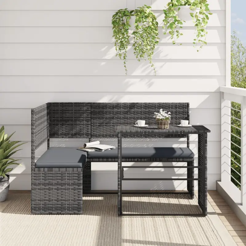 Sofá de jardín en forma de L con mesa y cojines ratán PE gris