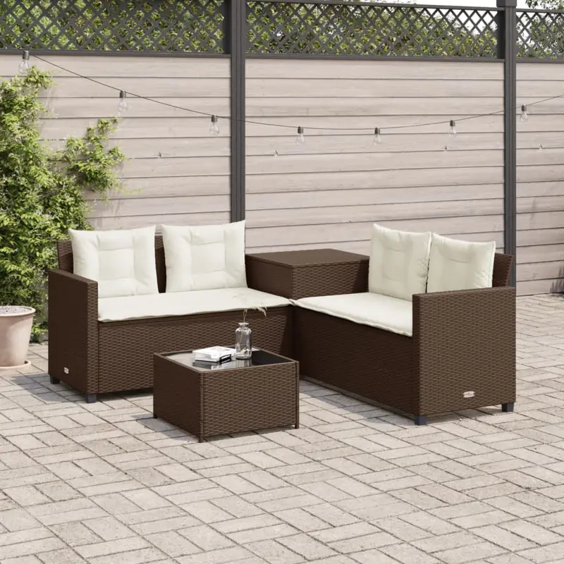Sofá de jardín en forma de L con mesa y cojines ratán PE marrón