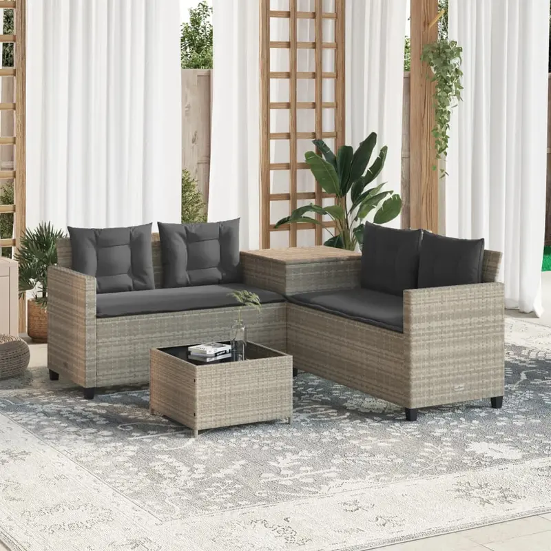 Sofá jardín forma de L con mesa y cojines ratán PE gris claro