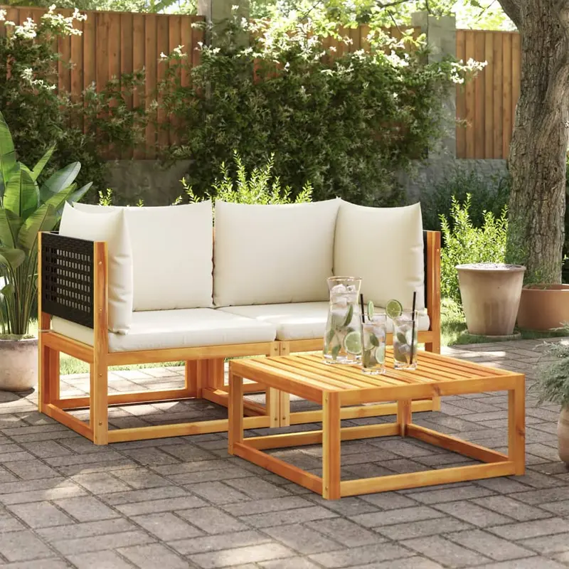Sofás de jardín esquineros con cojines, 2 unidades, madera de acacia y ratán