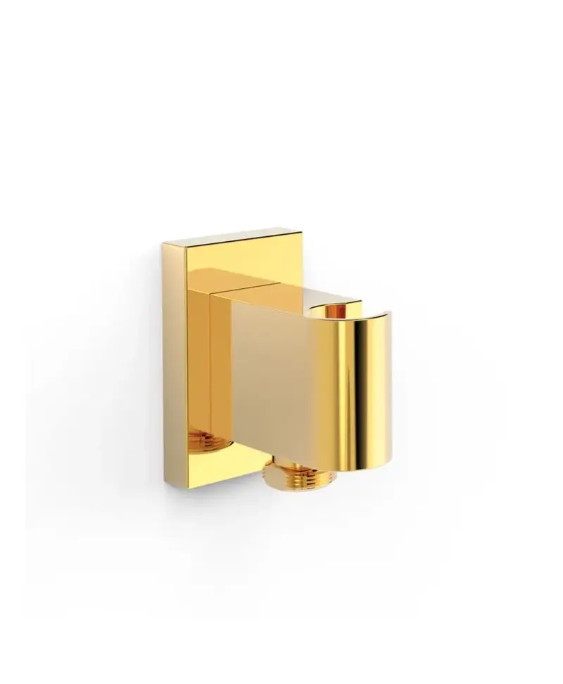 Soporte fijo con toma de agua para teleducha y flexo de latón con base rectangular acabado oro Shower TRES