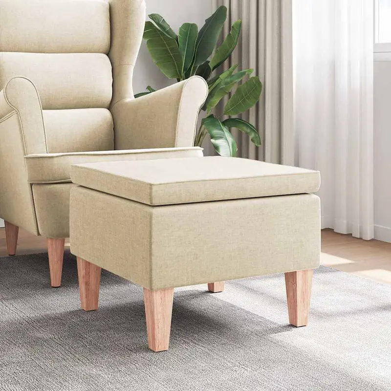 Taburete con patas de madera tapizado tejido crema