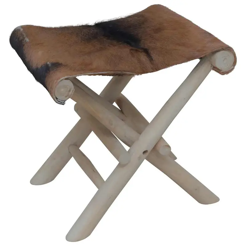 Taburete plegable de piel de cabra y madera de teca maciza