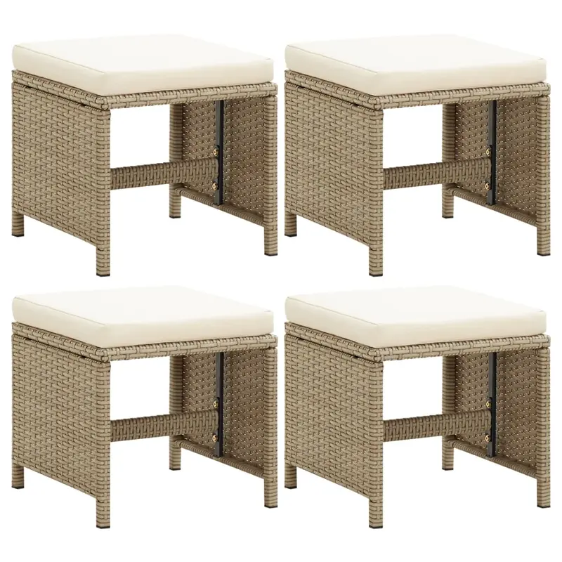 Taburetes de jardín 4 unidades y cojines ratán sintético beige