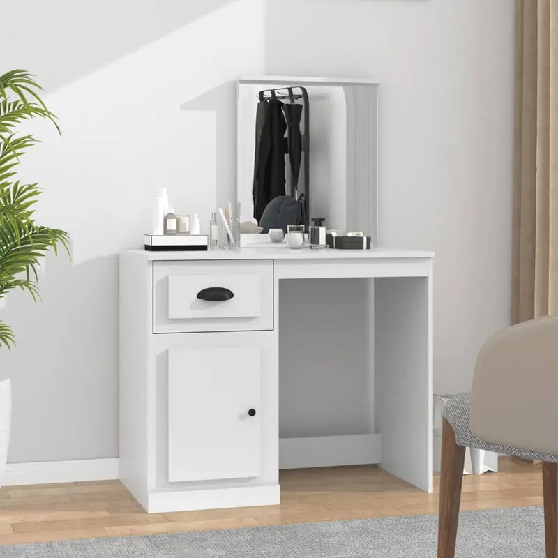 Tocador con espejo madera contrachapada blanco 90x50x132,5 cm