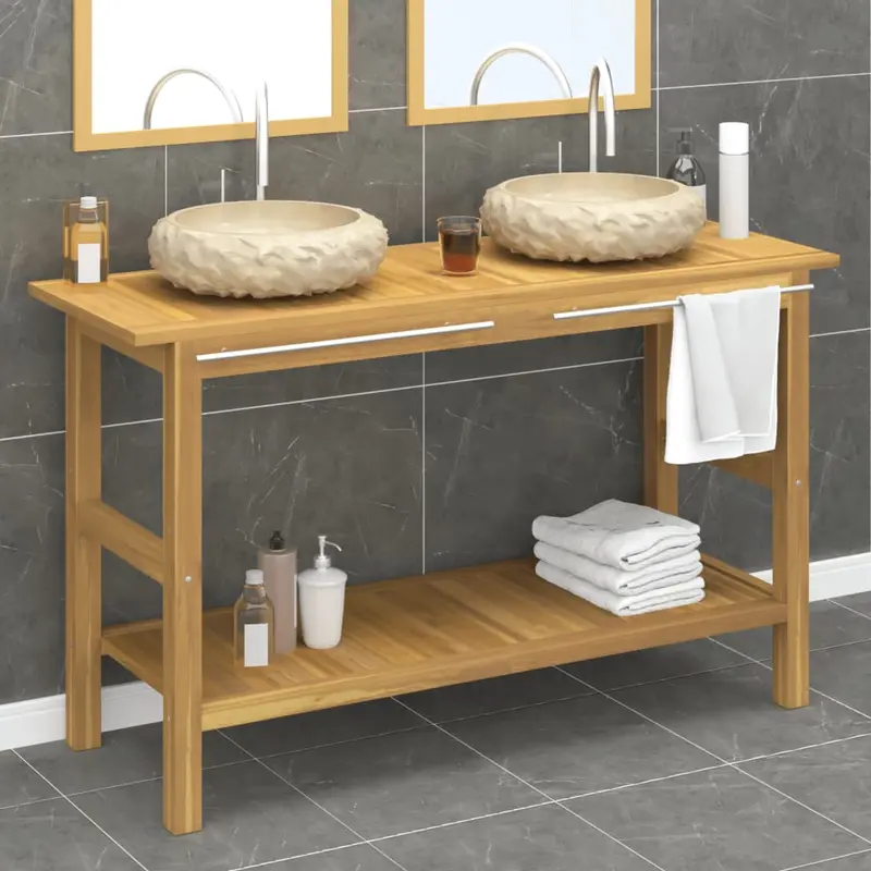Tocador de baño madera maciza de teca con lavabos mármol crema