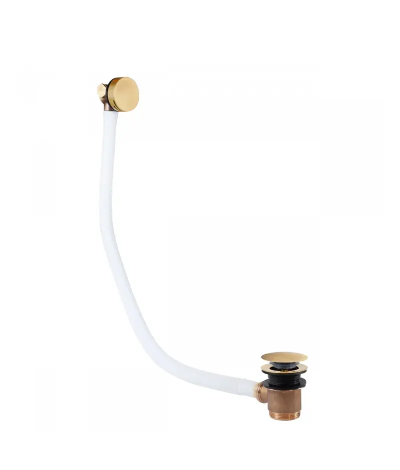 Válvula de desagüe para bañera con sistema click clack fabricada en latón con acabado oro mate TRES