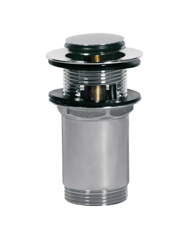 Válvula de desagüe para lavabo con rebosadero y tapón superior con acabado cromado TRES