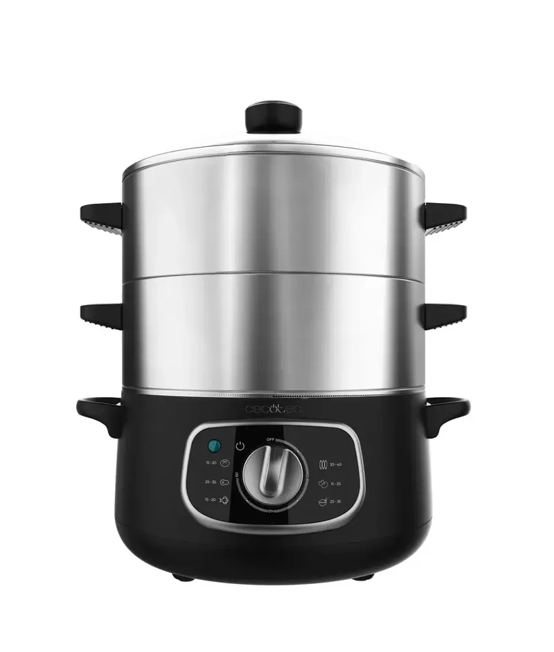 Vaporera eléctrica 1300W 10L con 3 recipientes en acero inoxidable para cocción saludable Vapovita SteelPot de Cecotec