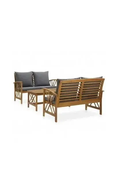 VIDAXL 3057992 Conjunto de jardín de 3 piezas de bancos y mesa de madera de acacia con cojines gris oscuro de vidaXL