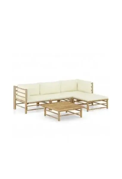 VIDAXL 3058193 Juego de sofás con mesita de jardín en bambú de 5 piezas madera y blanco crema de vidaXL