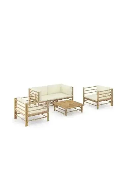 VIDAXL 3058207 Set de muebles para el jardín de 5 piezas fabricado en bambú con cojines en color blanco crema vidavl de vidaXL